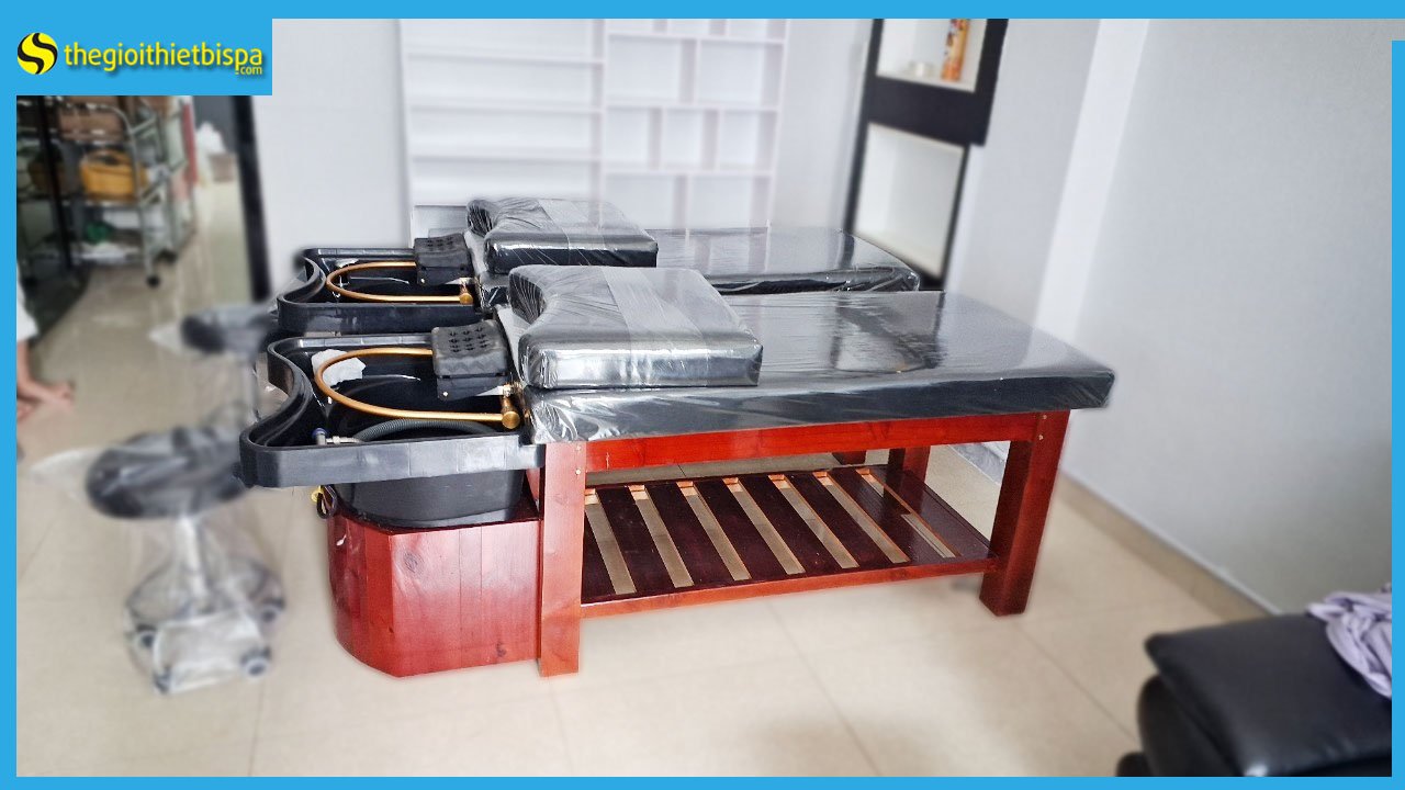 Giường Gội Đầu Tai Thỏ Bồn Nhựa Chân Cánh Gián Nệm Đen