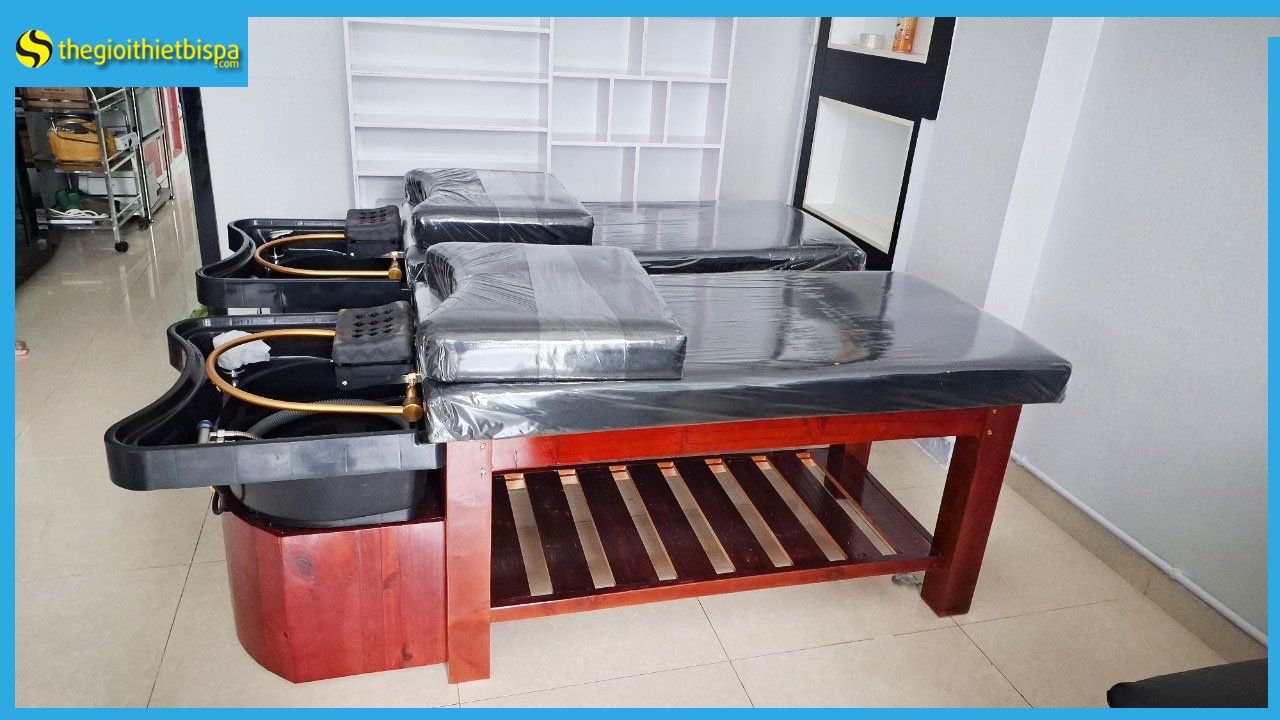 Giường Gội Đầu Tai Thỏ Bồn Nhựa Chân Cánh Gián Nệm Đen