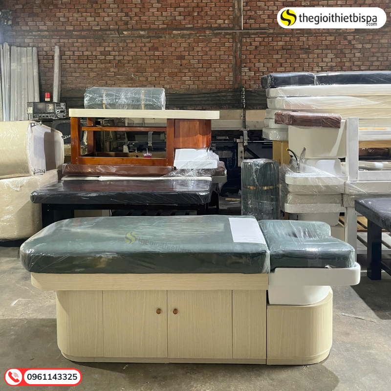 giường gội đầu ốp gỗ bồn sứ tai thỏ MDF
